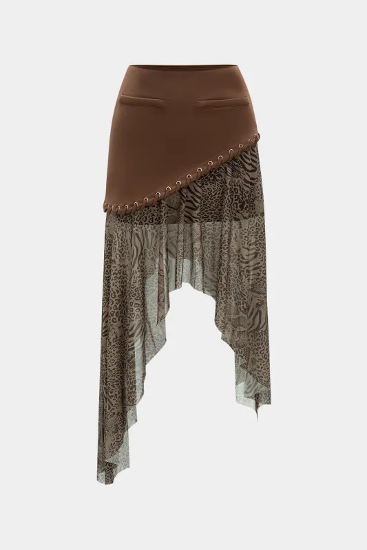 Retro Leopard Print Patchwork Irregular Skirt sold by Micas