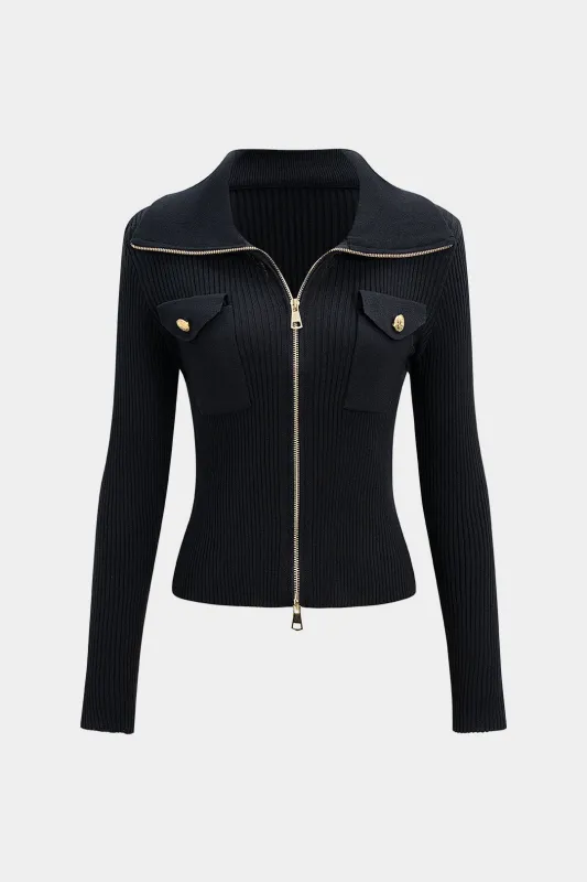 Knit Ribbed Pocket Zipper Cardigan sold by Micas