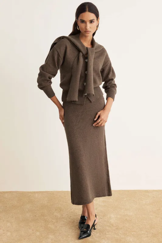 Button Sweater Cardigan With Shawl And Solid Skirt Set sold by Micas