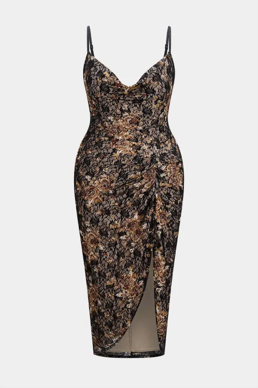 Plus Size Floral Print Draped Cowl Neck Ruched Sleeveless Midi Dress sold by Micas