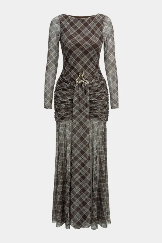 Plaid Print Mesh Metallic Round Neck Ruched Long Sleeve Maxi Dress sold by Micas