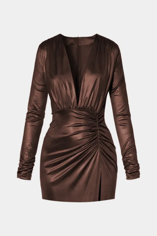 Satin Ruched V-Neck Long Sleeve Midi Dress sold by Micas