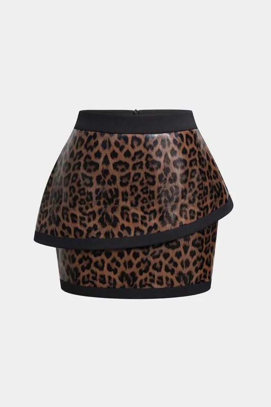 Leopard Print Faux Leather Patchwork Skirt sold by Micas