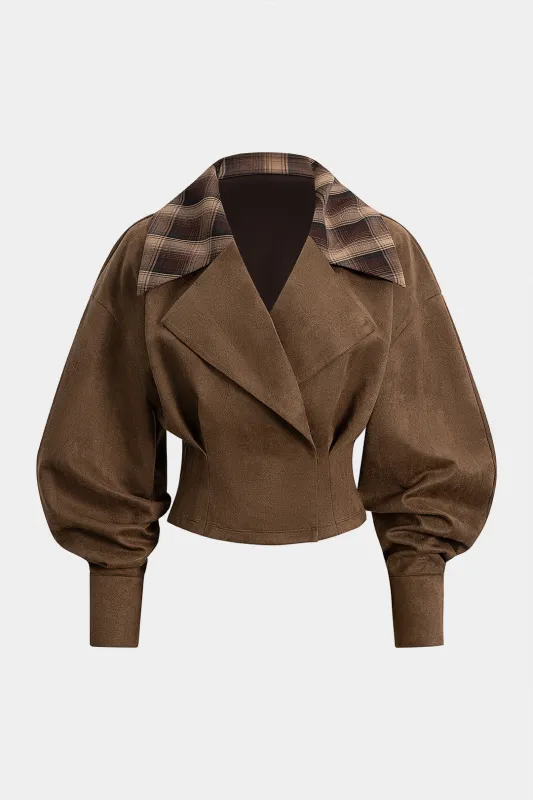 Suede Patchwork Notched Lapel Long-Sleeve Top sold by Micas