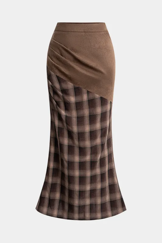 Suede Patchwork Plaid Print High Waist Skirt sold by Micas