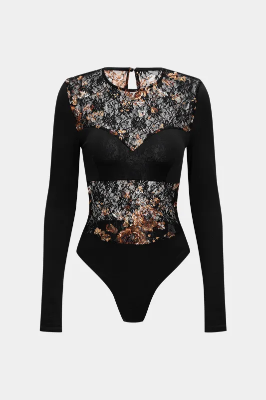 Floral Print Lace Patchwork Cut Out Long Sleeve Bodysuit sold by Micas