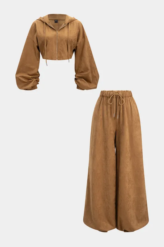 Drawstring Cropped Hoodie And Straight Leg Pants Set sold by Micas