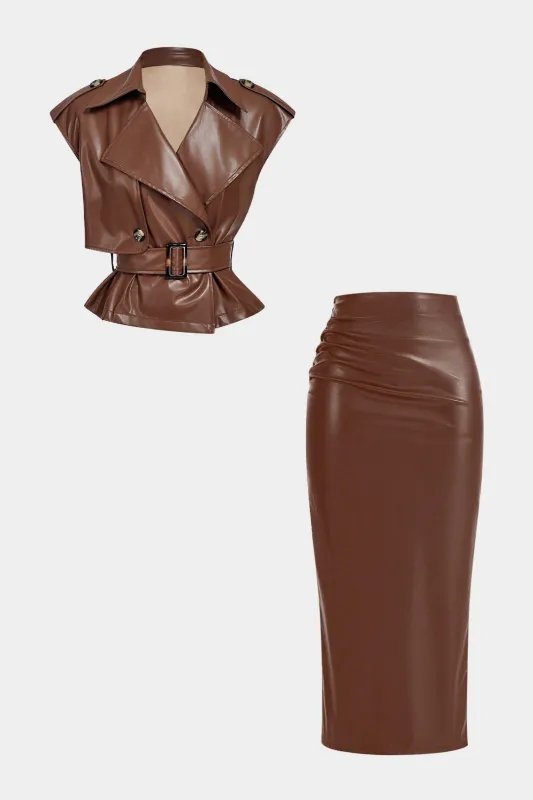 Faux Leather Notched Lapel Belted Short-Sleeve Top And Asymmetrical Skirt Set sold by Micas