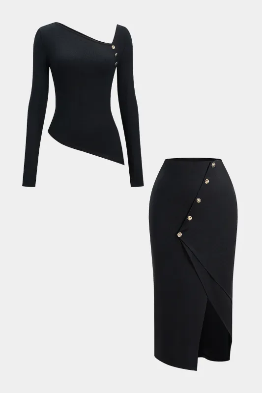 Asymmetrical Long-Sleeve Top And Ruched Skirt Set sold by Micas