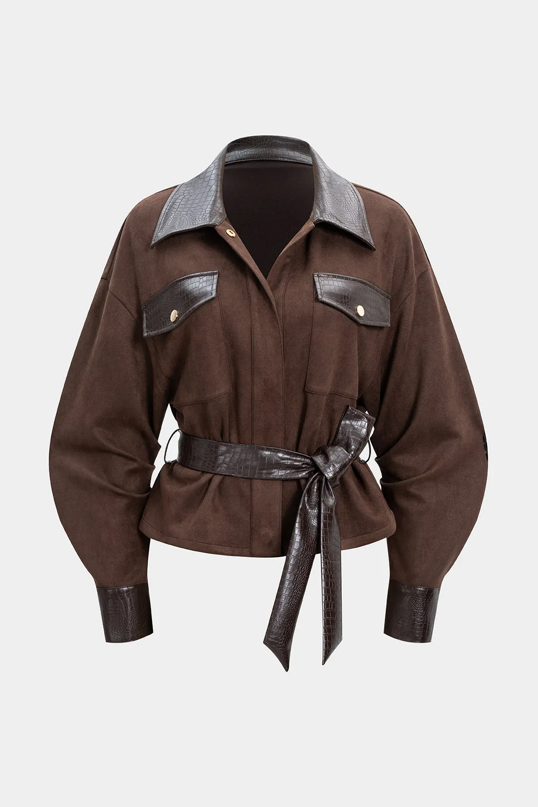 Faux Leather Patchwork Belted Jacket sold by Micas