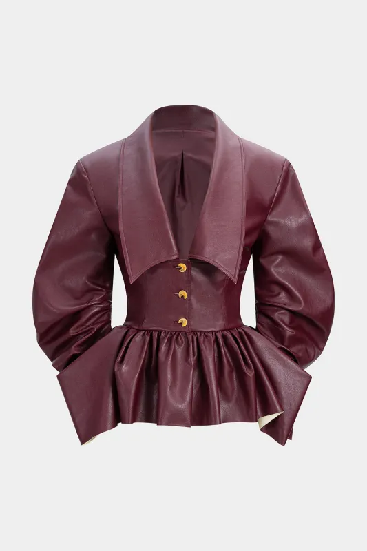 Faux Leather Button Metallic Ruched Gigot Sleeve V-Neck Jacket sold by Micas