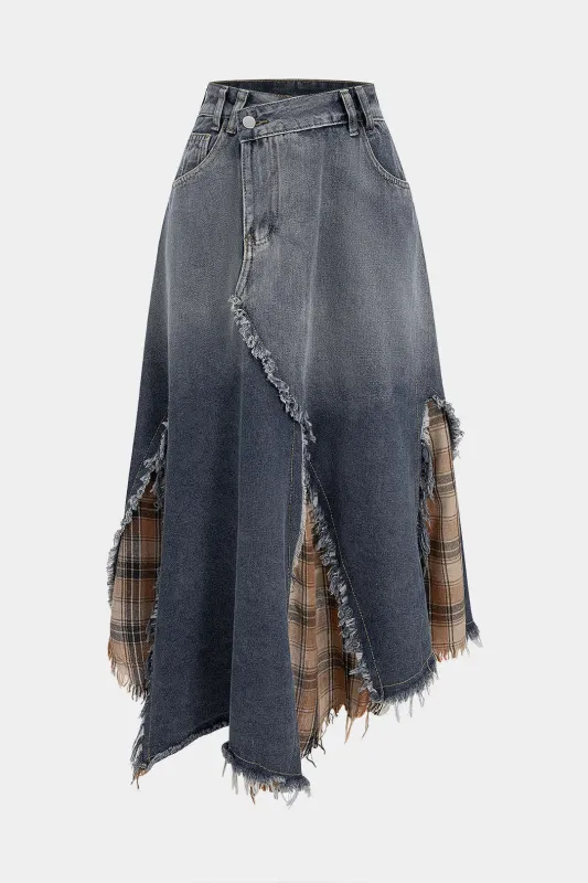 Denim Plaid Print Patchwork Frayed High Waist Skirt sold by Micas