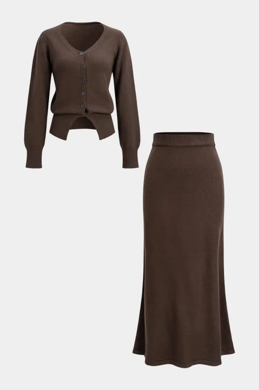Solid Button Sweater Cardigan And Skirt Set sold by Micas