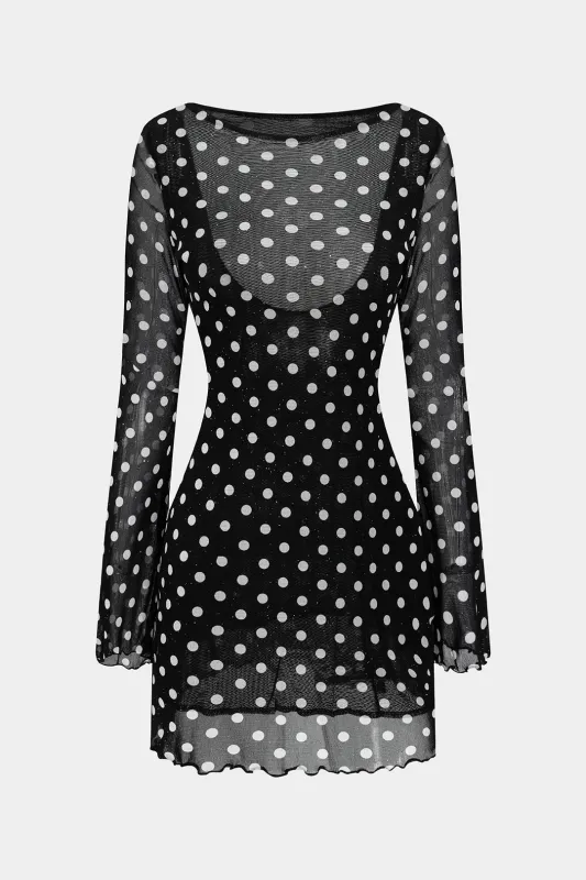Polka Dots Print Mesh Backless Round Neck Long Sleeve Mini Dress sold by Micas