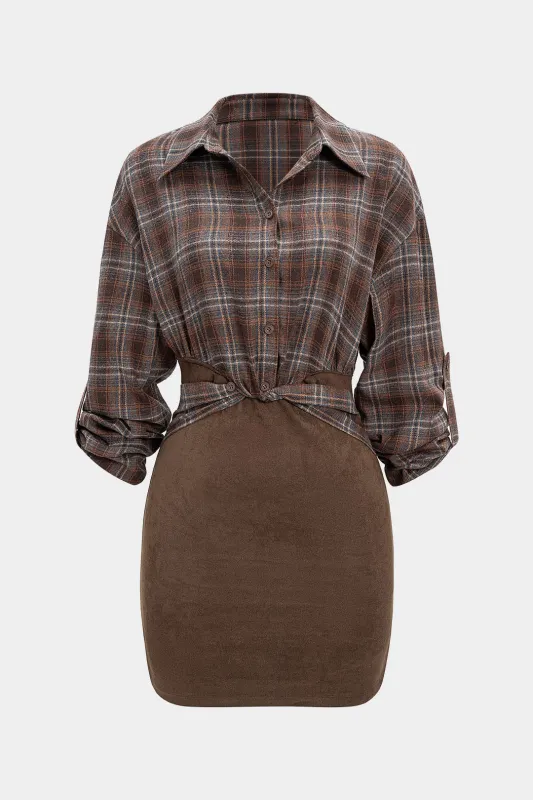 Plaid Print Suede Patchwork Tie Front Long Sleeve Mini Dress sold by Micas