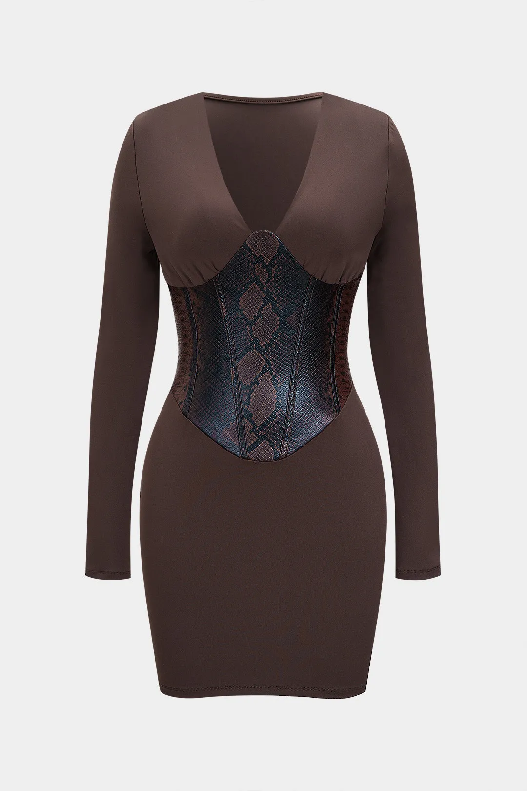 Faux Leather Patchwork V-Neck Long Sleeve Mini Dress sold by Micas