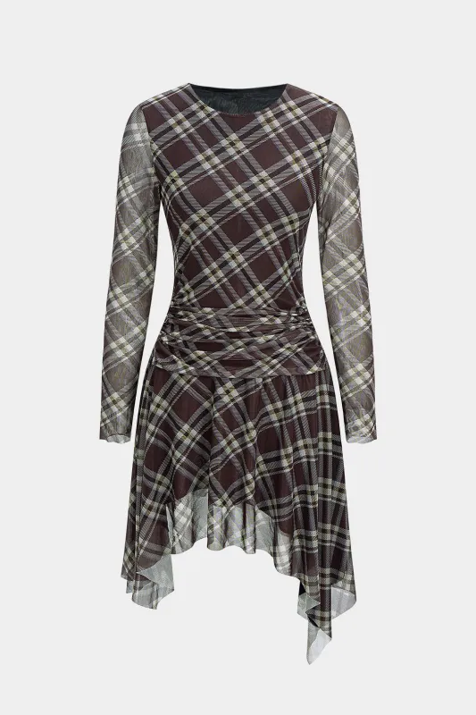 Plaid Print Mesh Round Neck Ruched Asymmetrical Long Sleeve Midi Dress sold by Micas