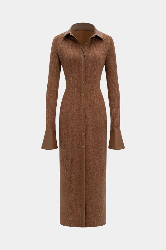 Faux Leather Button Patchwork Long Sleeve Maxi Dress sold by Micas