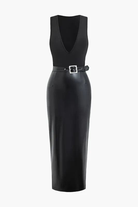 Faux Leather Patchwork V-Neck Sleeveless Maxi Dress sold by Micas