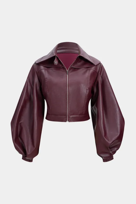Faux Leather Puff Sleeve Zipper Jacket sold by Micas