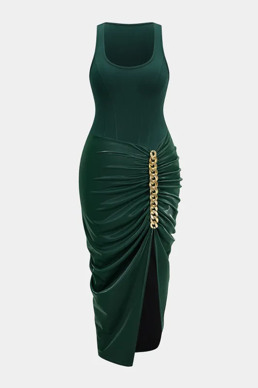 Metallic Chain Ruched Sleeveless Midi Dress sold by Micas