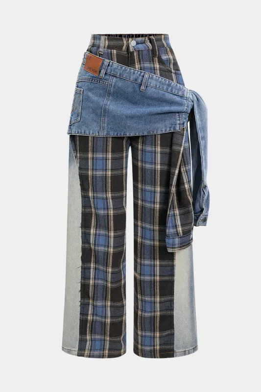 Denim Patchwork Plaid Print Washed Jeans sold by Micas