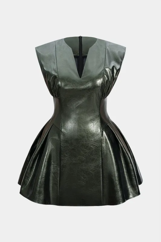 Plus Size Faux Leather V-Neck Ruched Sleeveless Mini Dress made by Micas