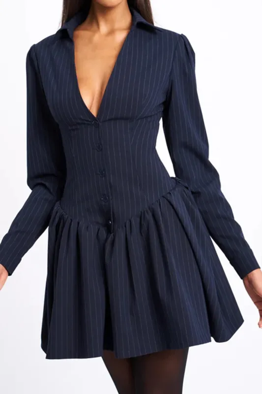 Stripes Print V-Neck Button Corset Long Sleeve Mini Dress sold by Micas