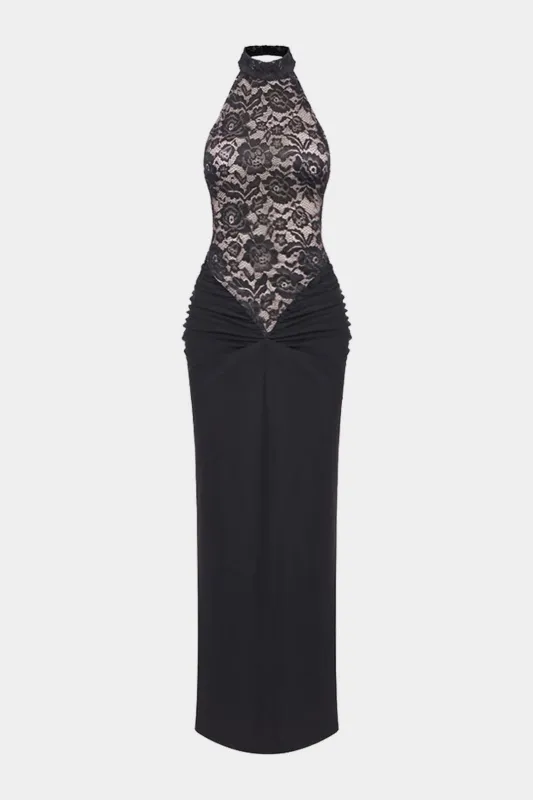Halter Neck Lace Patchwork Ruched Backless Sleeveless Maxi Dress sold by Micas