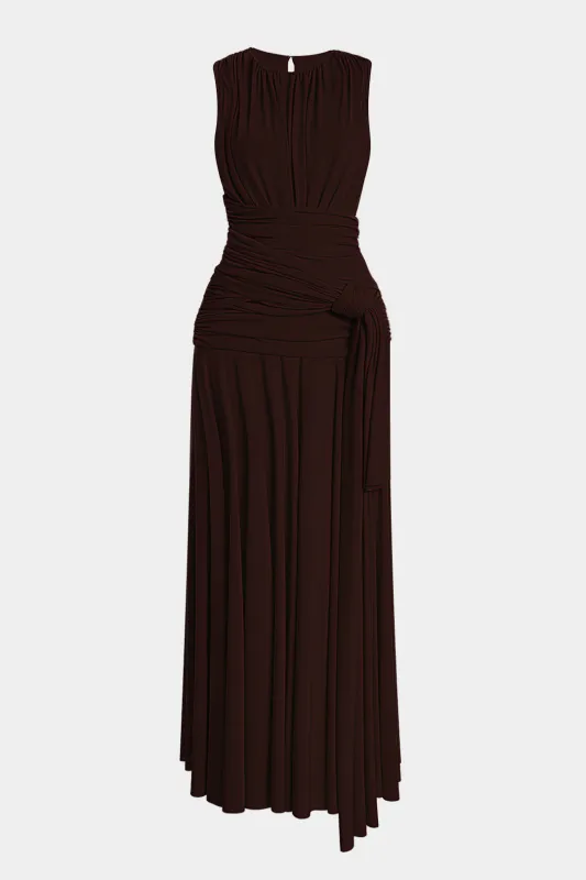 Ruched Knotted Round Neck Asymmetrical Maxi Dress sold by Micas