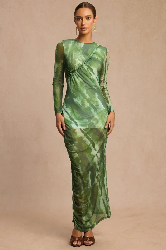 Tie Dye Print Mesh Round Neck Ruched Long Sleeve Midi Dress sold by Micas