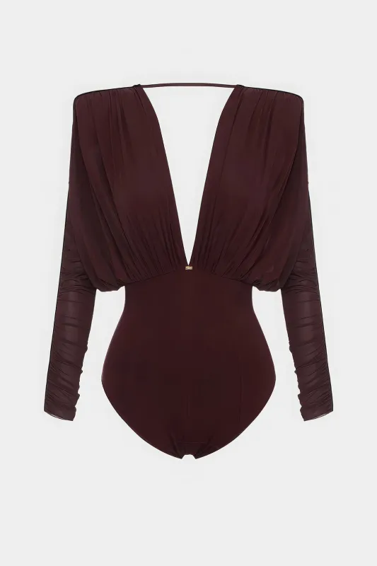 Mesh Ruched V-Neck Long Sleeve Bodysuit sold by Micas