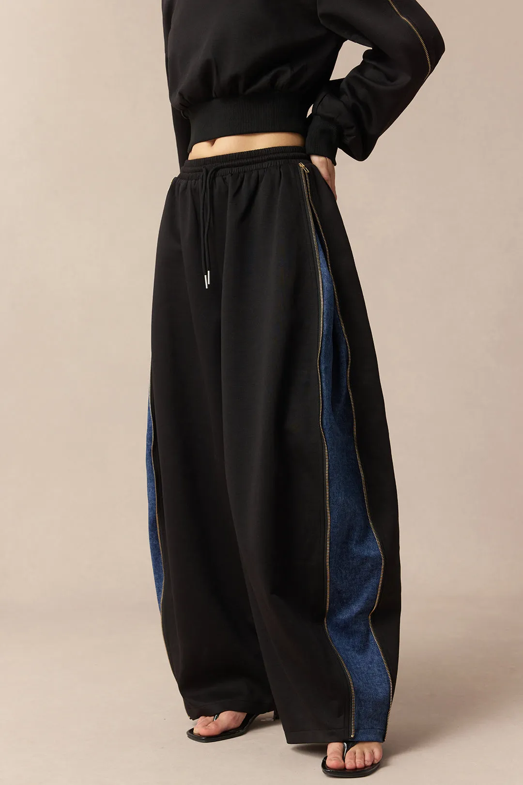Denim Print Shirred Waistband Drawstring Wide Leg Pants sold by Micas