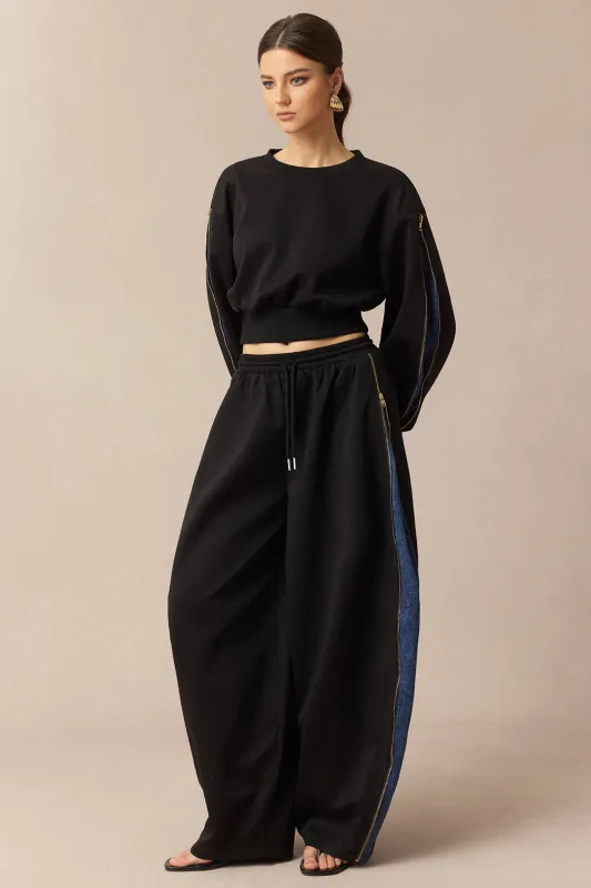 Denim Print Round Neck Patchwork Ruched Zipper Long-Sleeve Top sold by Micas