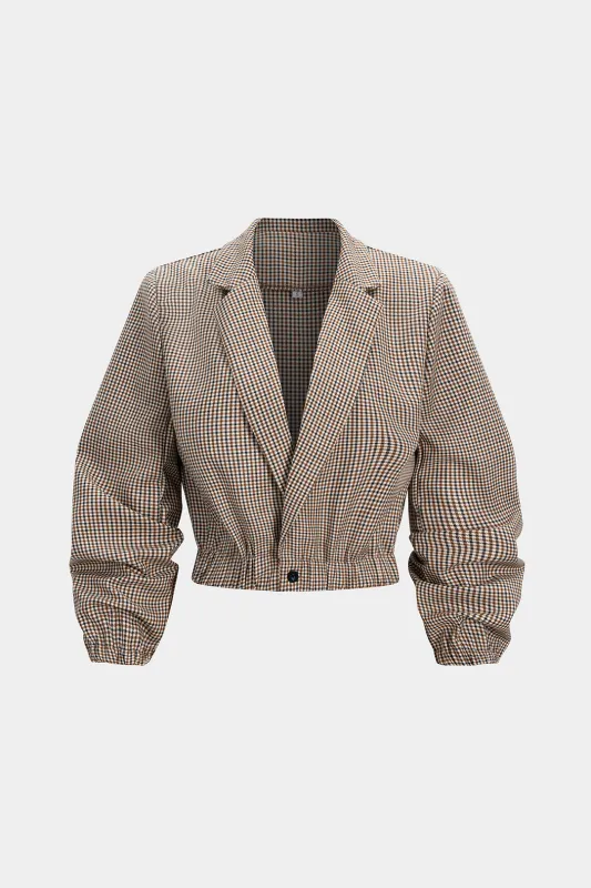 Plaid Print Ruched V-Neck Notched Lapel Blazer sold by Micas