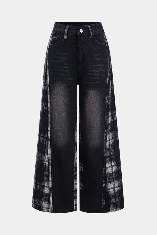Plaid Print Denim Patchwork Zipper Straight Leg Jeans sold by Micas