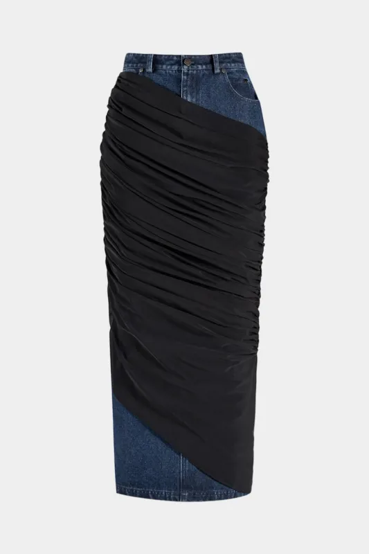 Denim Patchwork Ruched Skirt sold by Micas