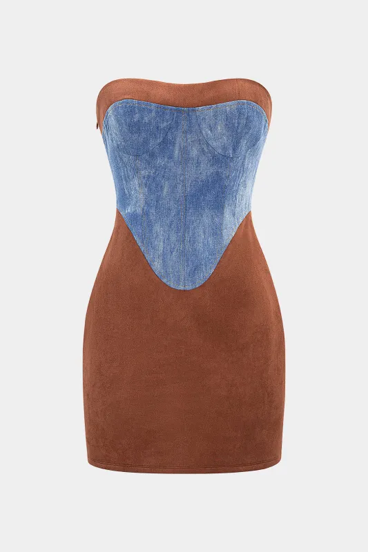 Suede Denim Patchwork Strapless Sleeveless Mini Dress made by Micas