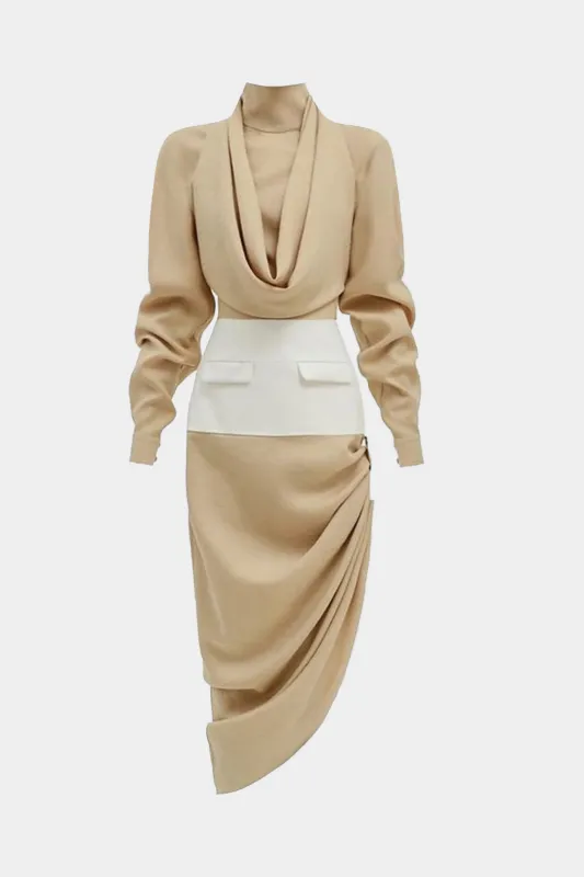 Asymmetrical Contrast Draped Cowl Neck Long Sleeve Midi Dress sold by Micas