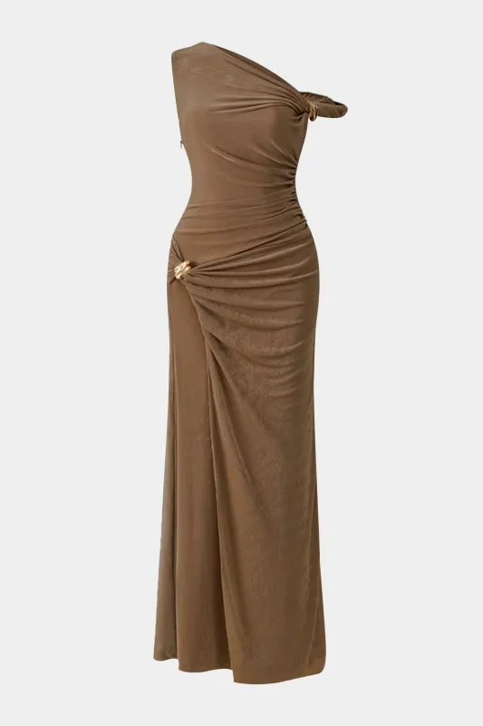 Metallic Asymmetrical Ruched Twist Knot Sleeveless Maxi Dress sold by Micas