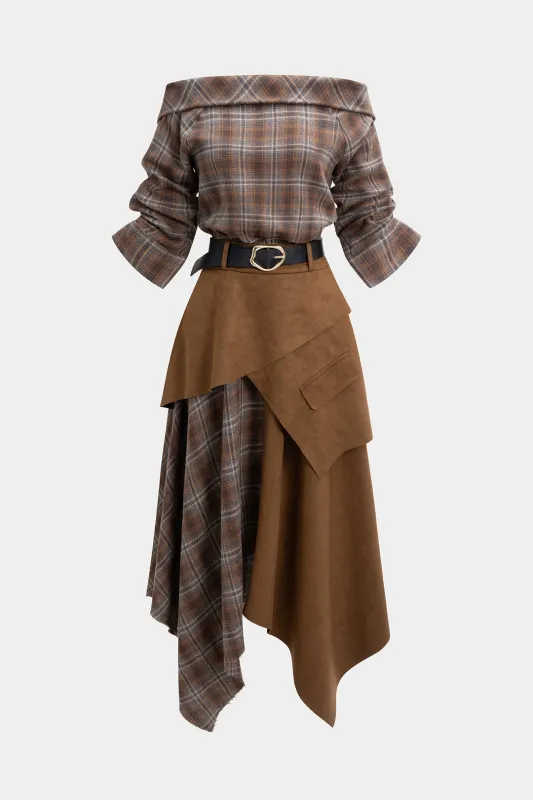 Plaid Print Suede Off Shoulder Zipper Belted Long Sleeve Midi Dress sold by Micas