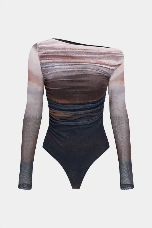 Abstract Ombre Print Mesh Ruched Asymmetrical Long Sleeve Bodysuit sold by Micas