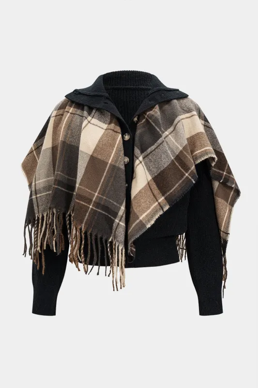 Plaid Print Draped Patchwork Button Sweater Cardigan sold by Micas