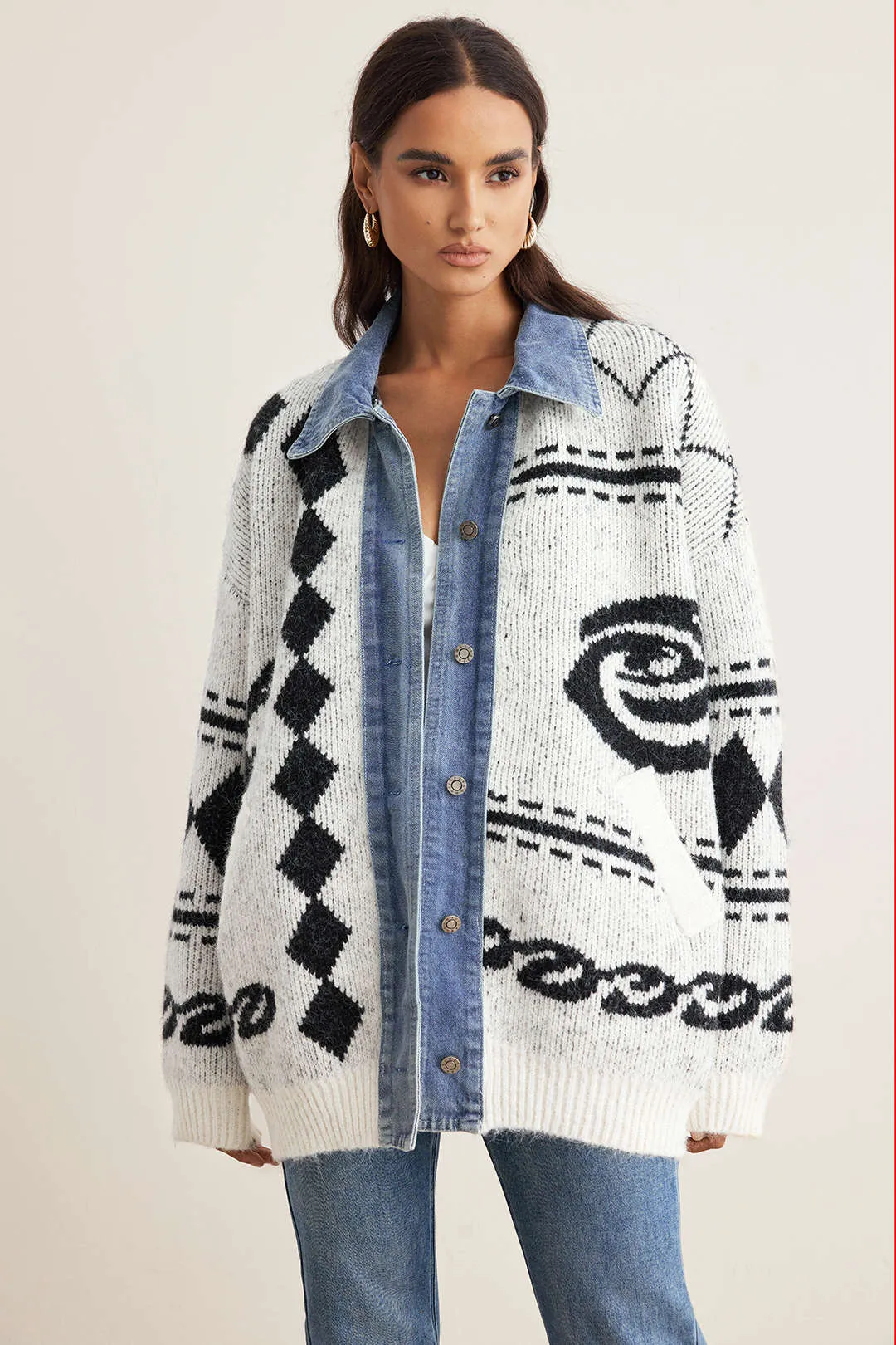 Retro Print Patchwork Sweater Cardigan sold by Micas