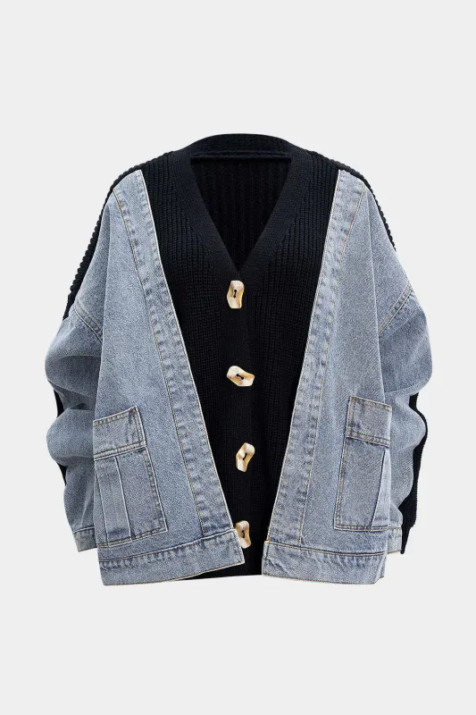 Denim Patchwork V-Neck Pocket Sweater Cardigan sold by Micas