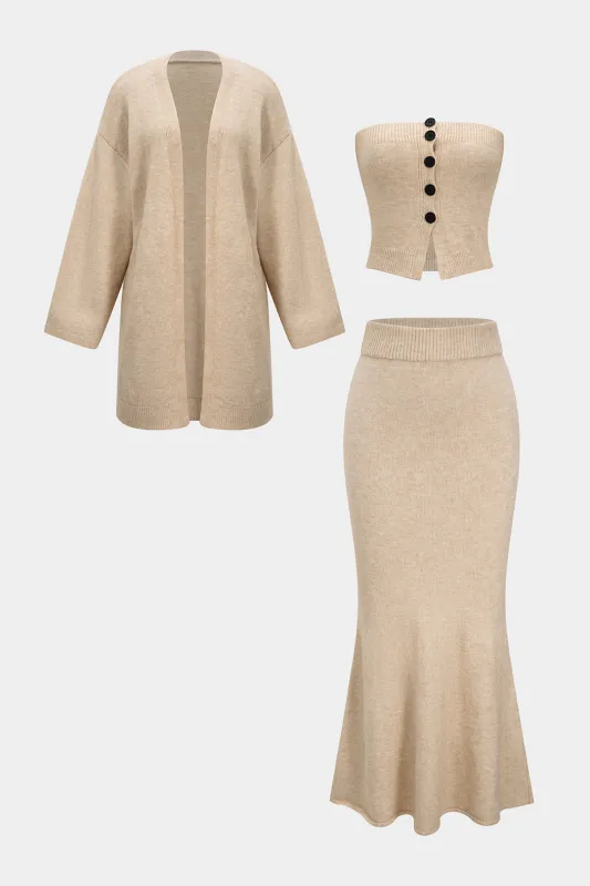 Knit Long Cardigan And Button Strapless Tube Top And Skirt Set sold by Micas