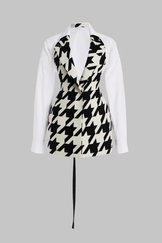 Houndstooth Print Contrast V-Neck Long Sleeve Mini Dress sold by Micas