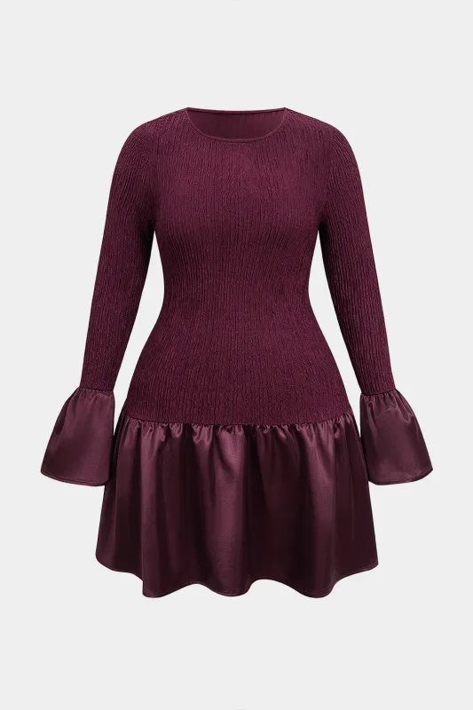 Plus Size Satin Patchwork Long Sleeve Mini Dress sold by Micas