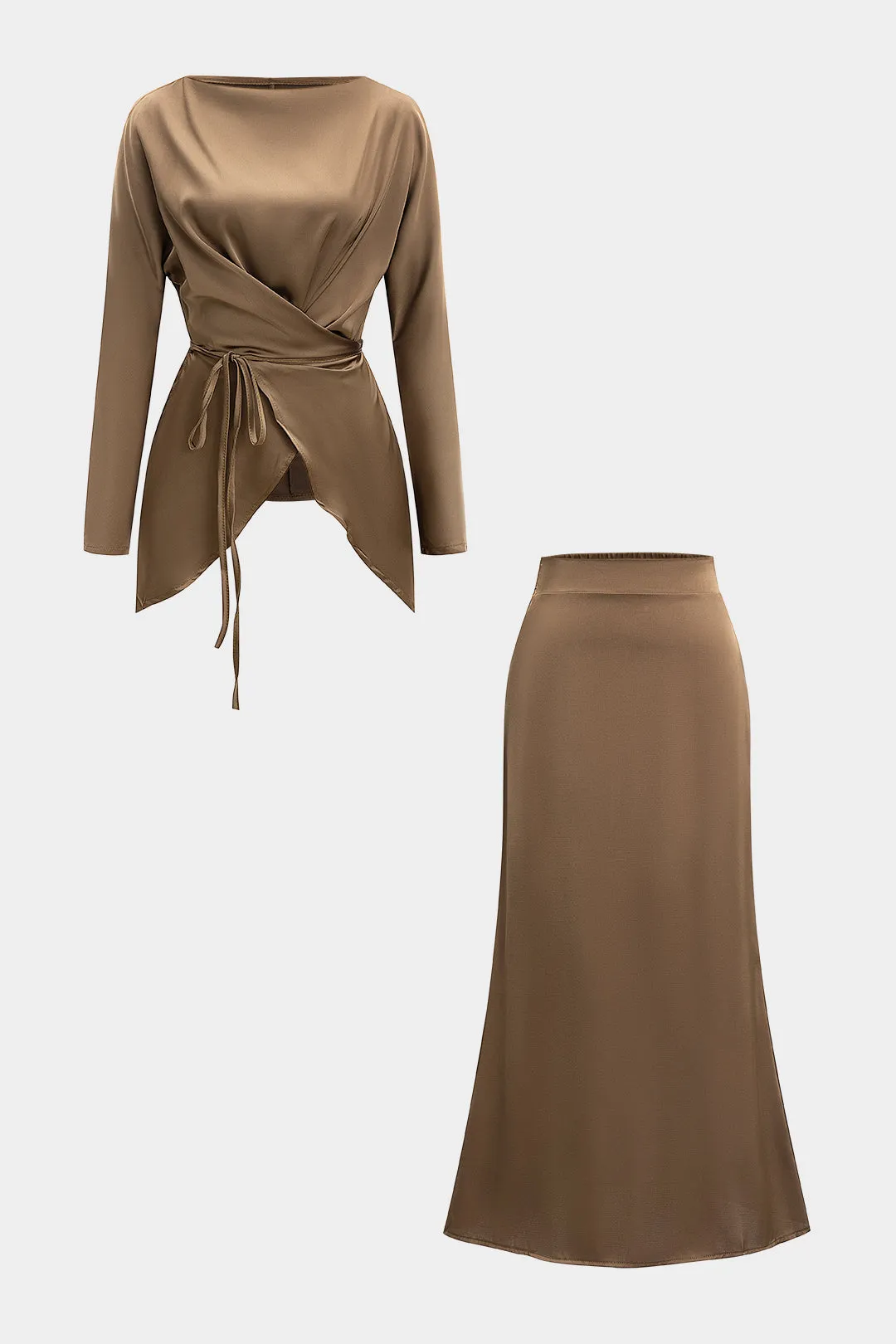Satin Tie-Up Crossed Long-Sleeve Top And Shirred Waistband Skirt Set sold by Micas