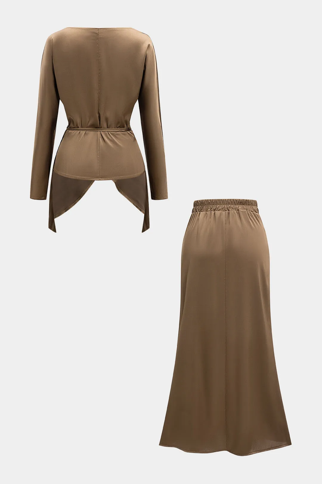 Satin Tie-Up Crossed Long-Sleeve Top And Shirred Waistband Skirt Set sold by Micas product image thumbnail 2